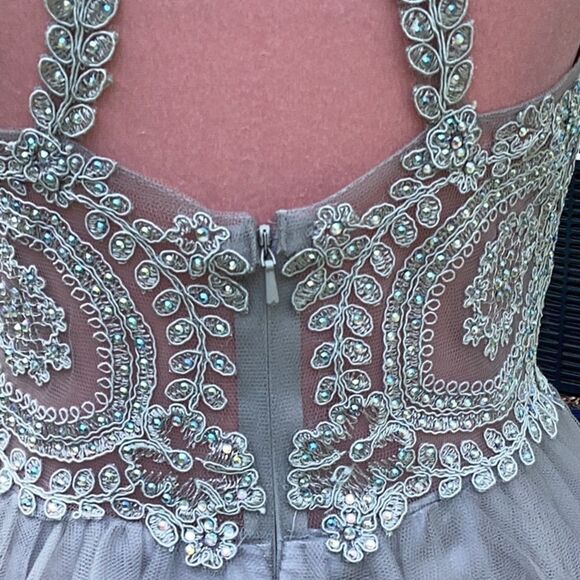 MAY QUEEN COUTURE DRESS PROM HOMECOMING WEDDING FORMAL SEQUIN STRAPPY SILVER 8 - Picture 6 of 12